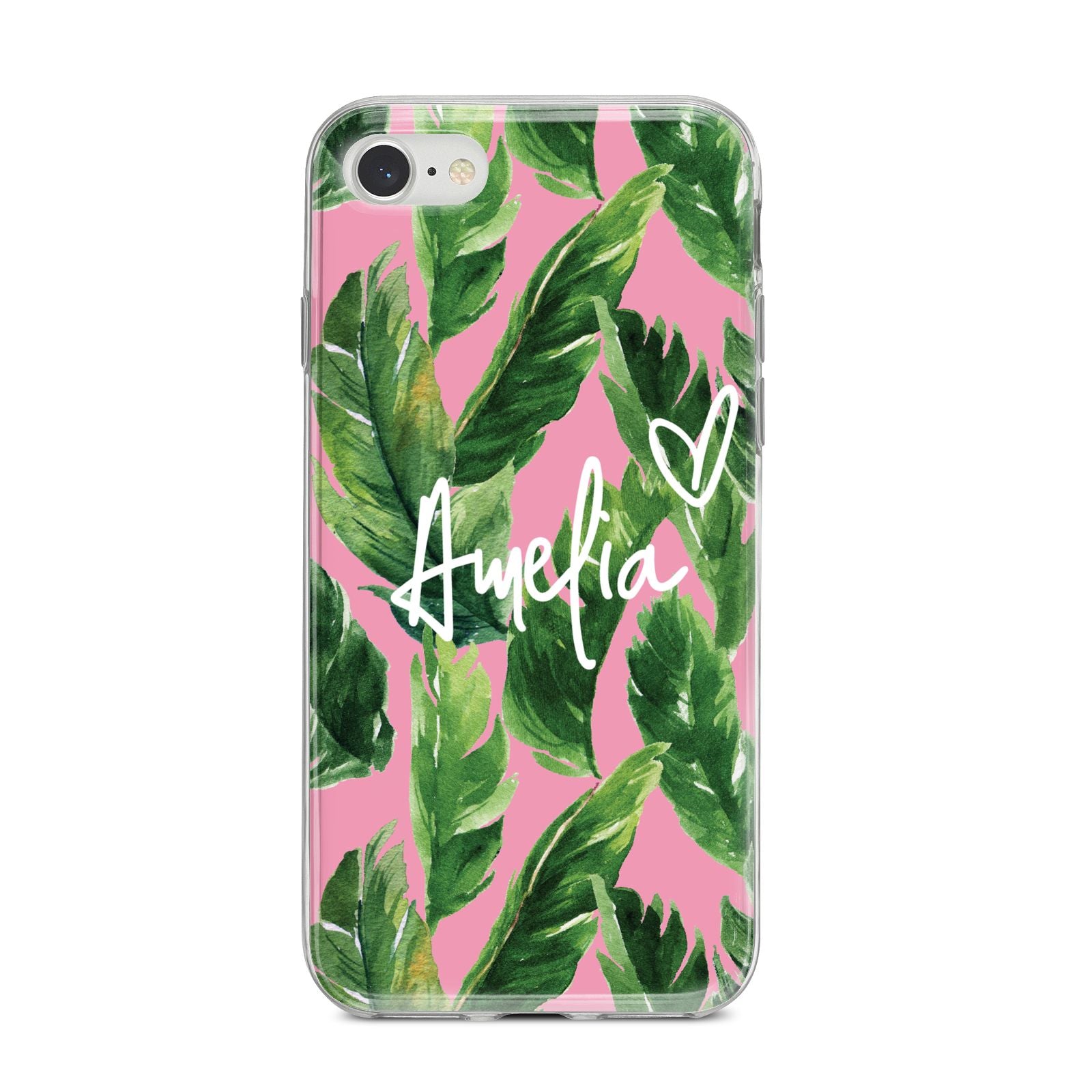 Personalised Pink Green Banana Leaf iPhone 8 Bumper Case on Silver iPhone