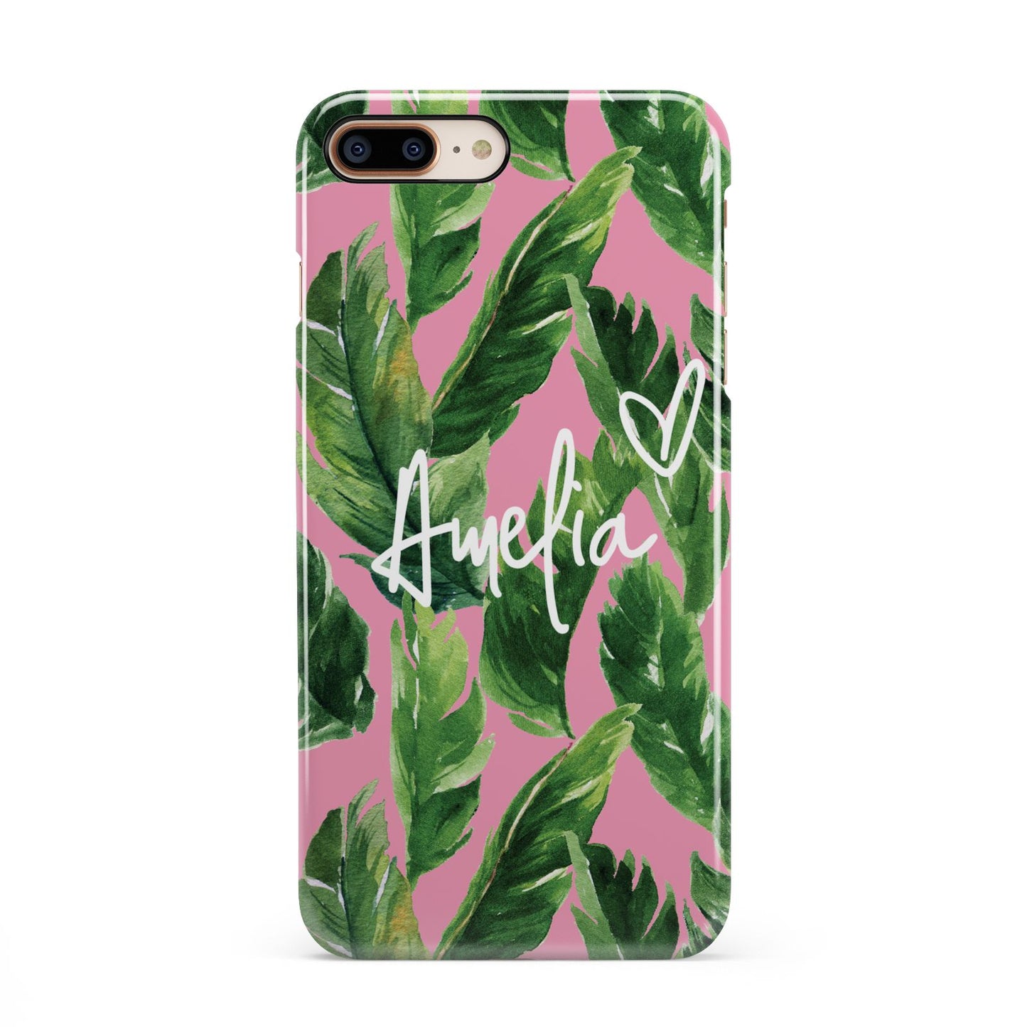 Personalised Pink Green Banana Leaf iPhone 8 Plus 3D Snap Case on Gold Phone