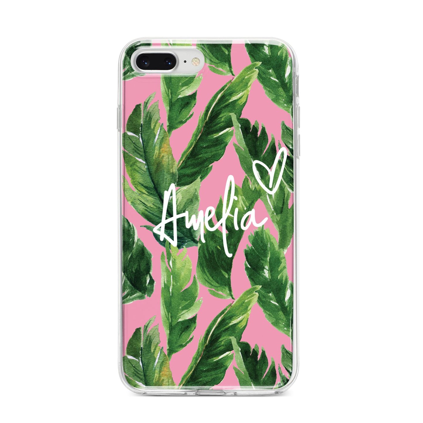 Personalised Pink Green Banana Leaf iPhone 8 Plus Bumper Case on Silver iPhone