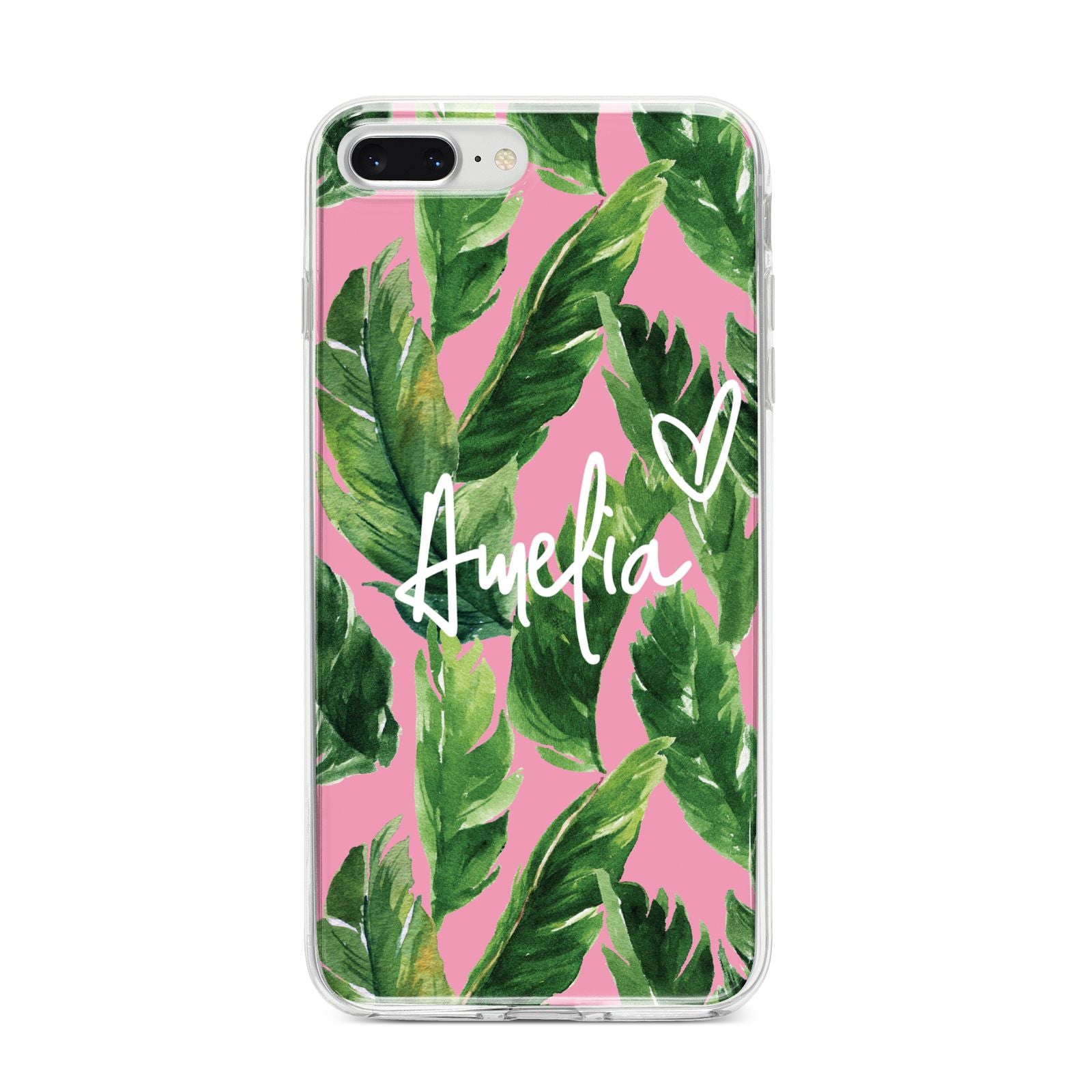 Personalised Pink Green Banana Leaf iPhone 8 Plus Bumper Case on Silver iPhone