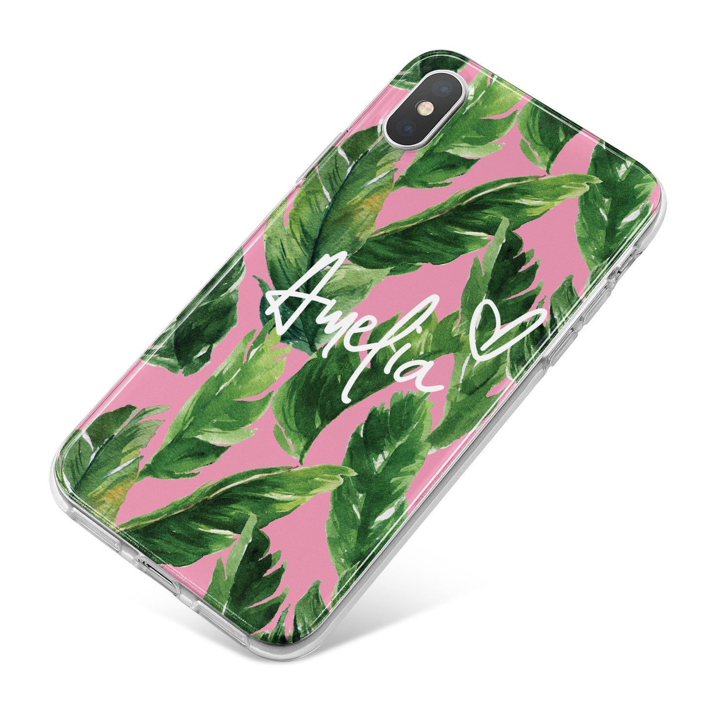 Personalised Pink Green Banana Leaf iPhone X Bumper Case on Silver iPhone