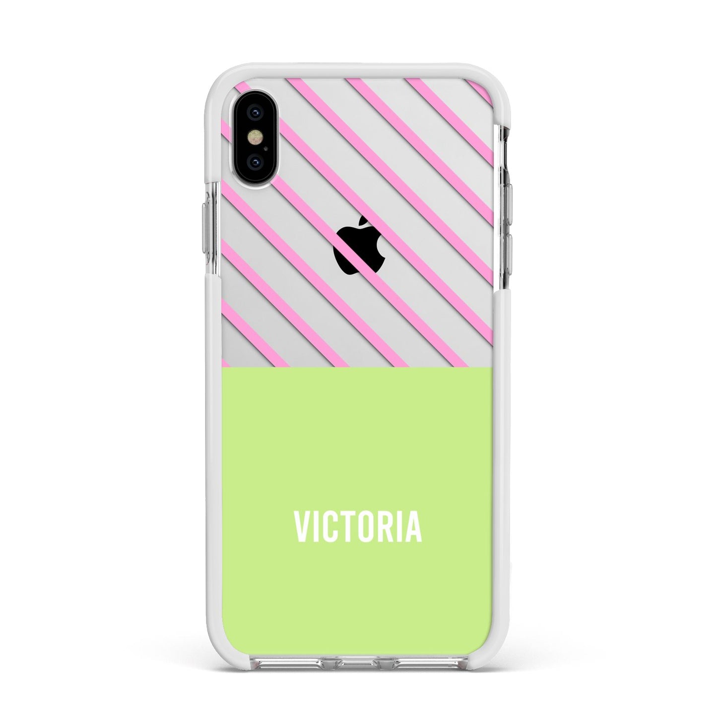 Personalised Pink Green Striped Apple iPhone Xs Max Impact Case White Edge on Silver Phone