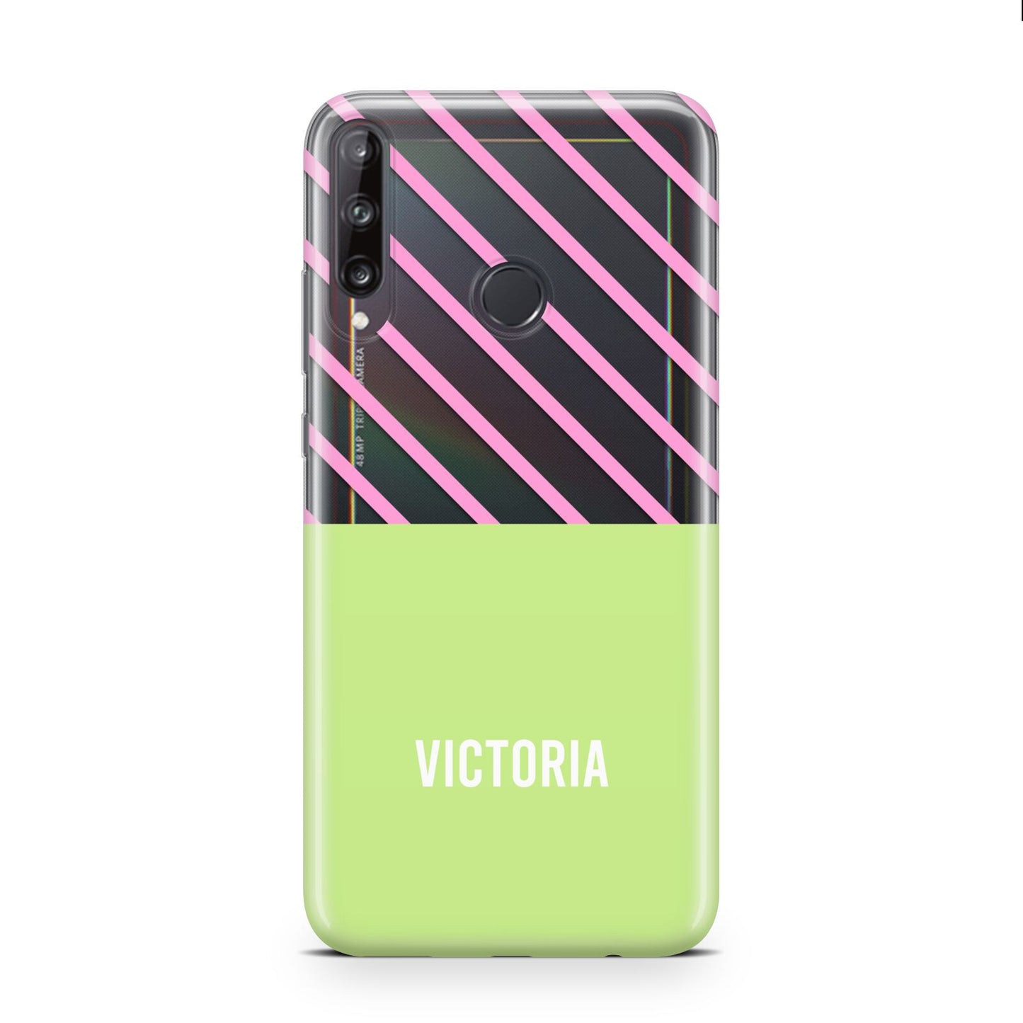 Personalised Pink Green Striped Huawei P40 Lite E Phone Case