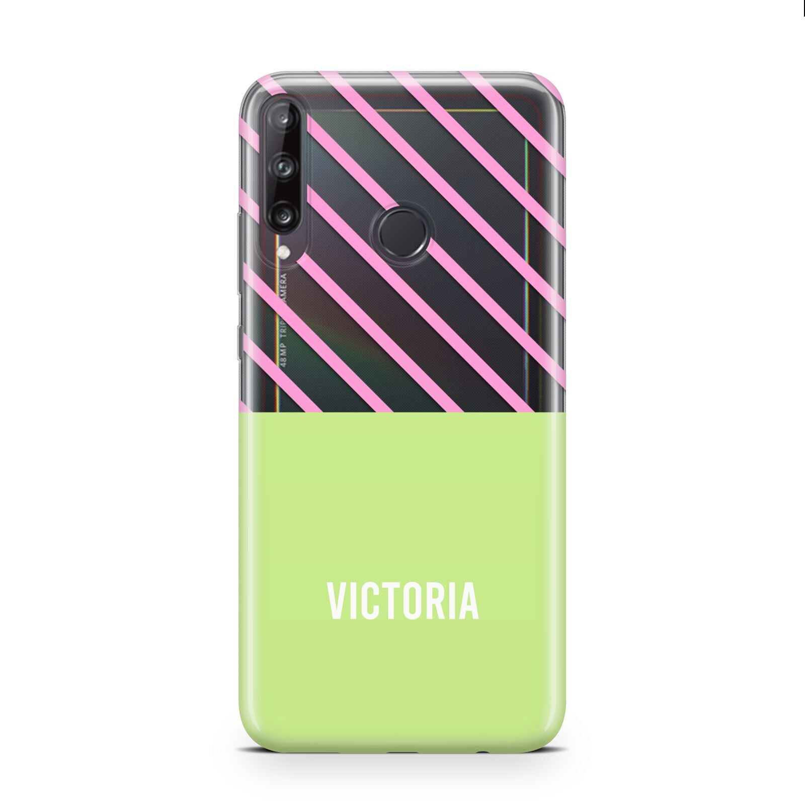 Personalised Pink Green Striped Huawei P40 Lite E Phone Case