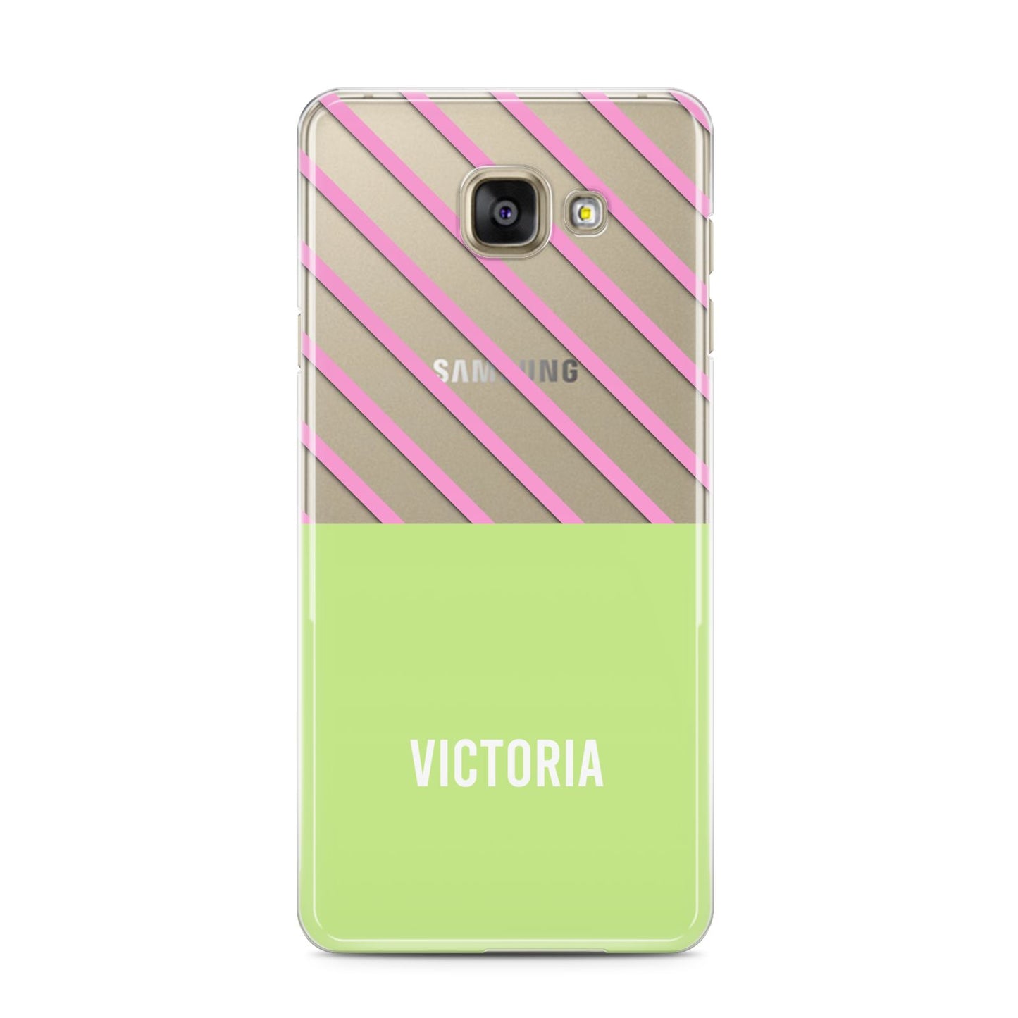 Personalised Pink Green Striped Samsung Galaxy A3 2016 Case on gold phone