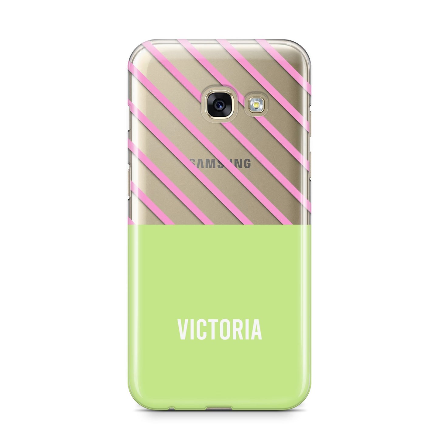 Personalised Pink Green Striped Samsung Galaxy A3 2017 Case on gold phone