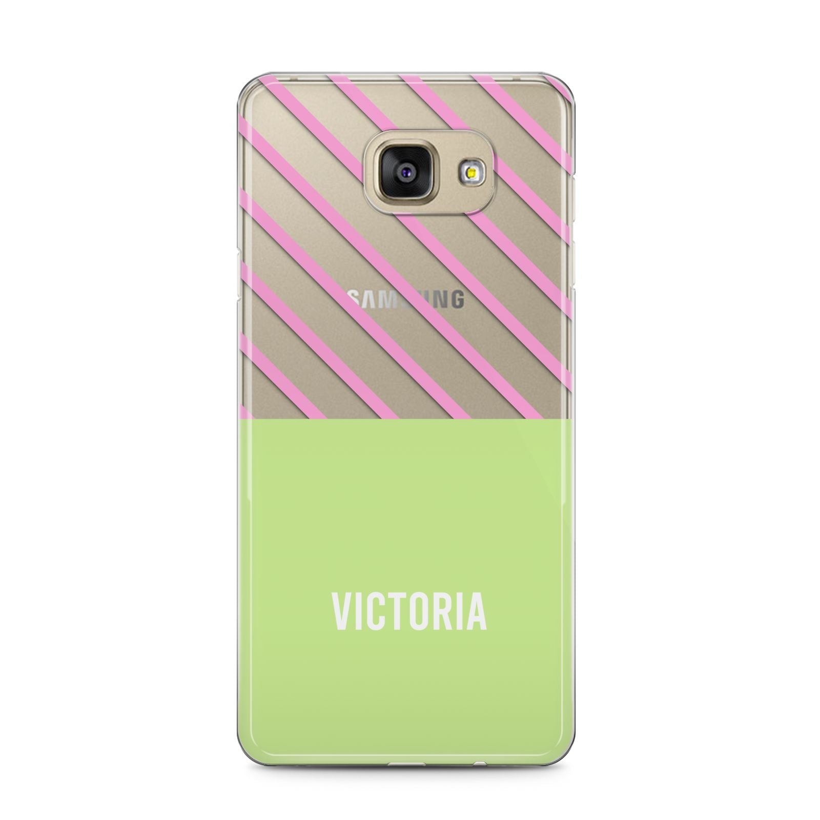 Personalised Pink Green Striped Samsung Galaxy A5 2016 Case on gold phone