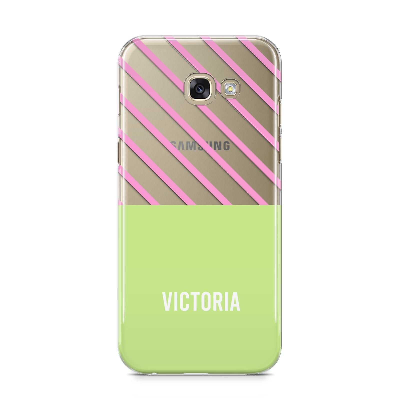 Personalised Pink Green Striped Samsung Galaxy A5 2017 Case on gold phone