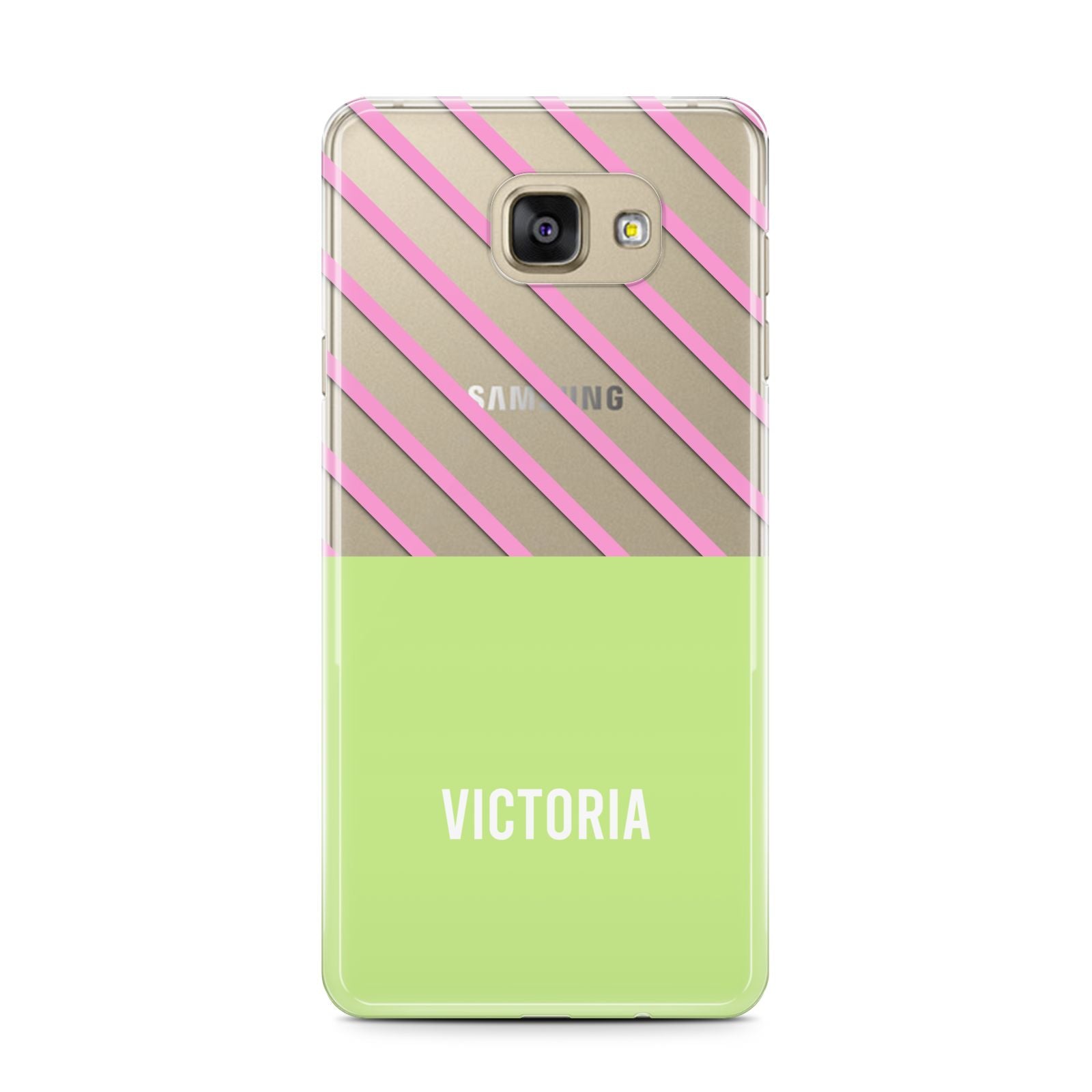 Personalised Pink Green Striped Samsung Galaxy A7 2016 Case on gold phone