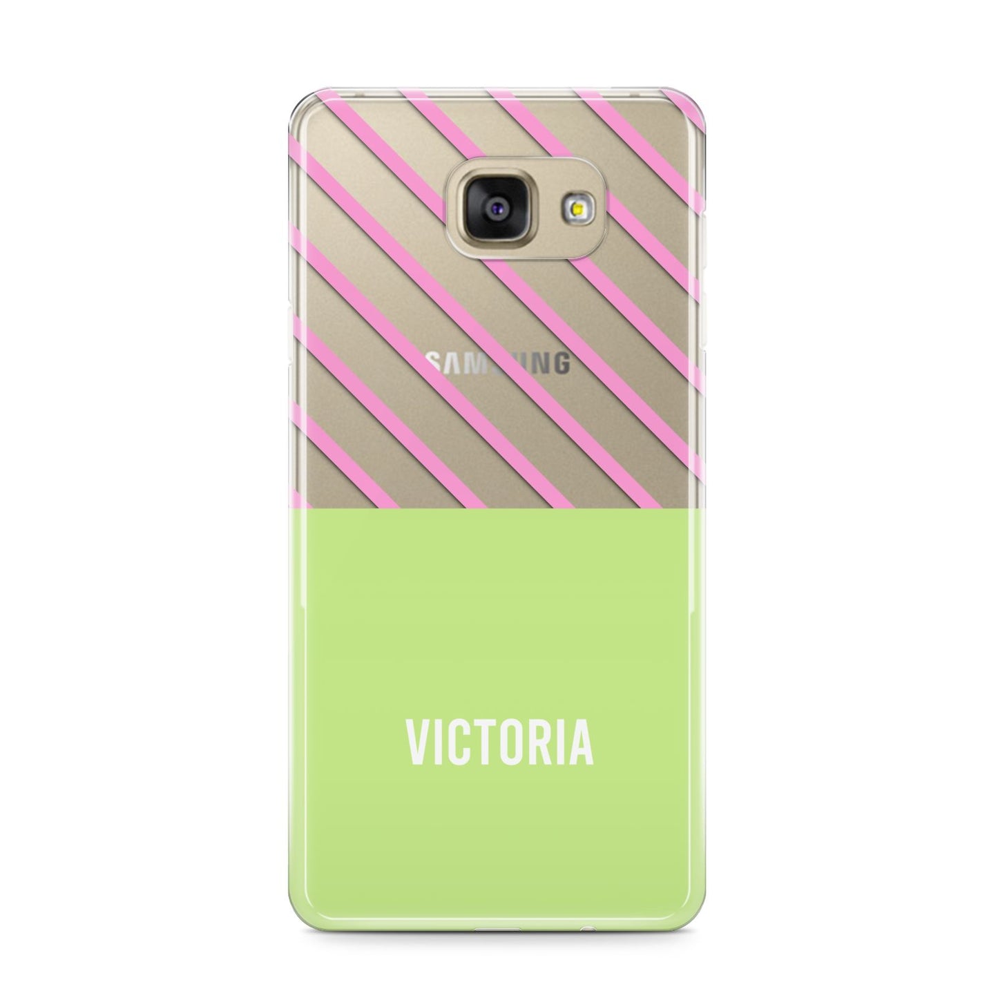 Personalised Pink Green Striped Samsung Galaxy A9 2016 Case on gold phone