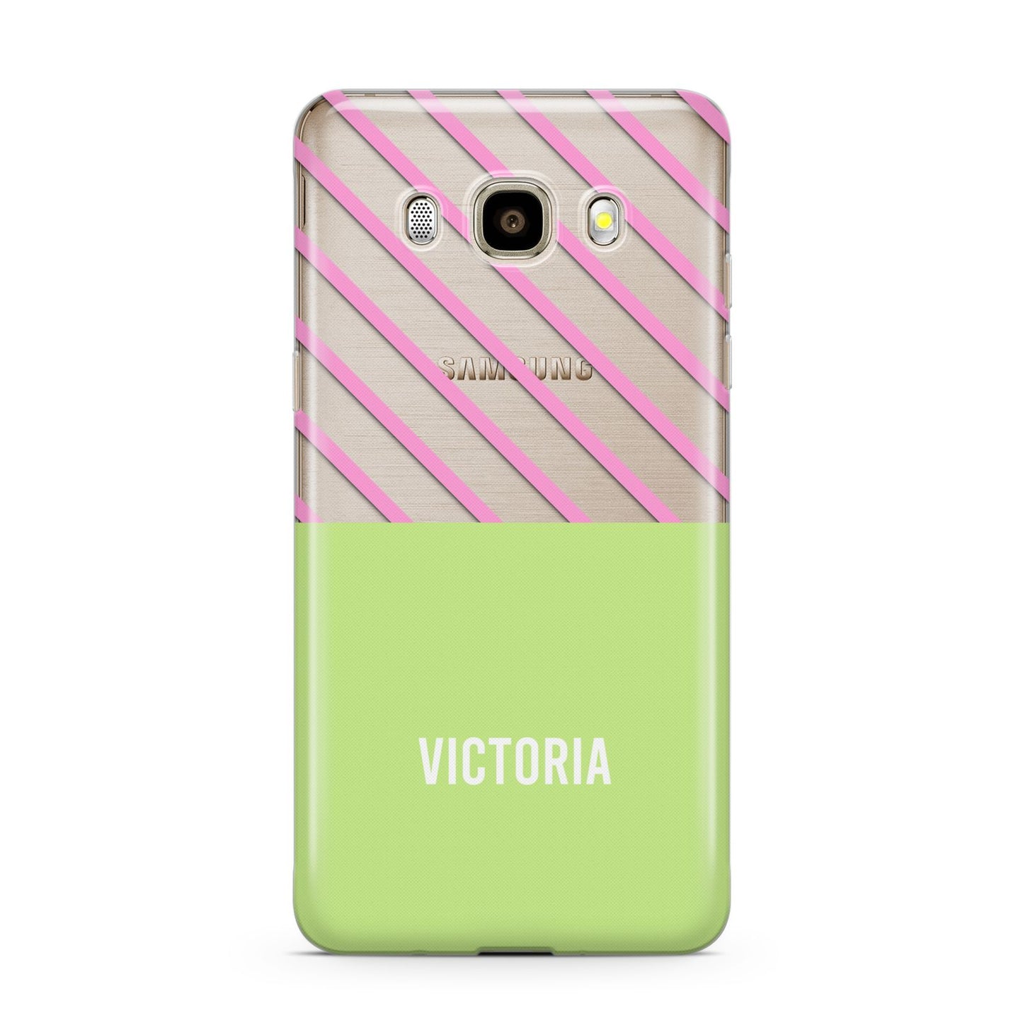 Personalised Pink Green Striped Samsung Galaxy J7 2016 Case on gold phone