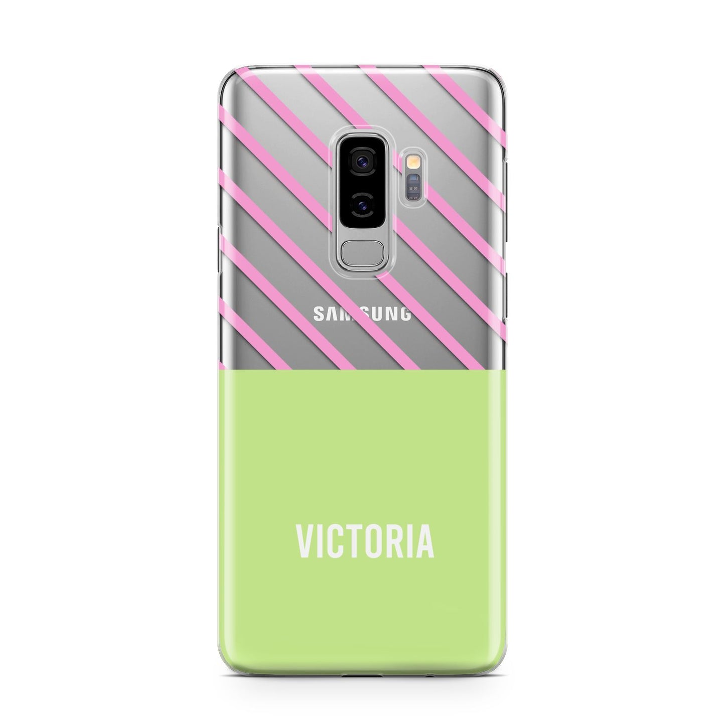 Personalised Pink Green Striped Samsung Galaxy S9 Plus Case on Silver phone