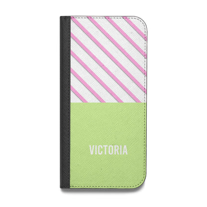 Personalised Pink Green Striped Vegan Leather Flip iPhone Case