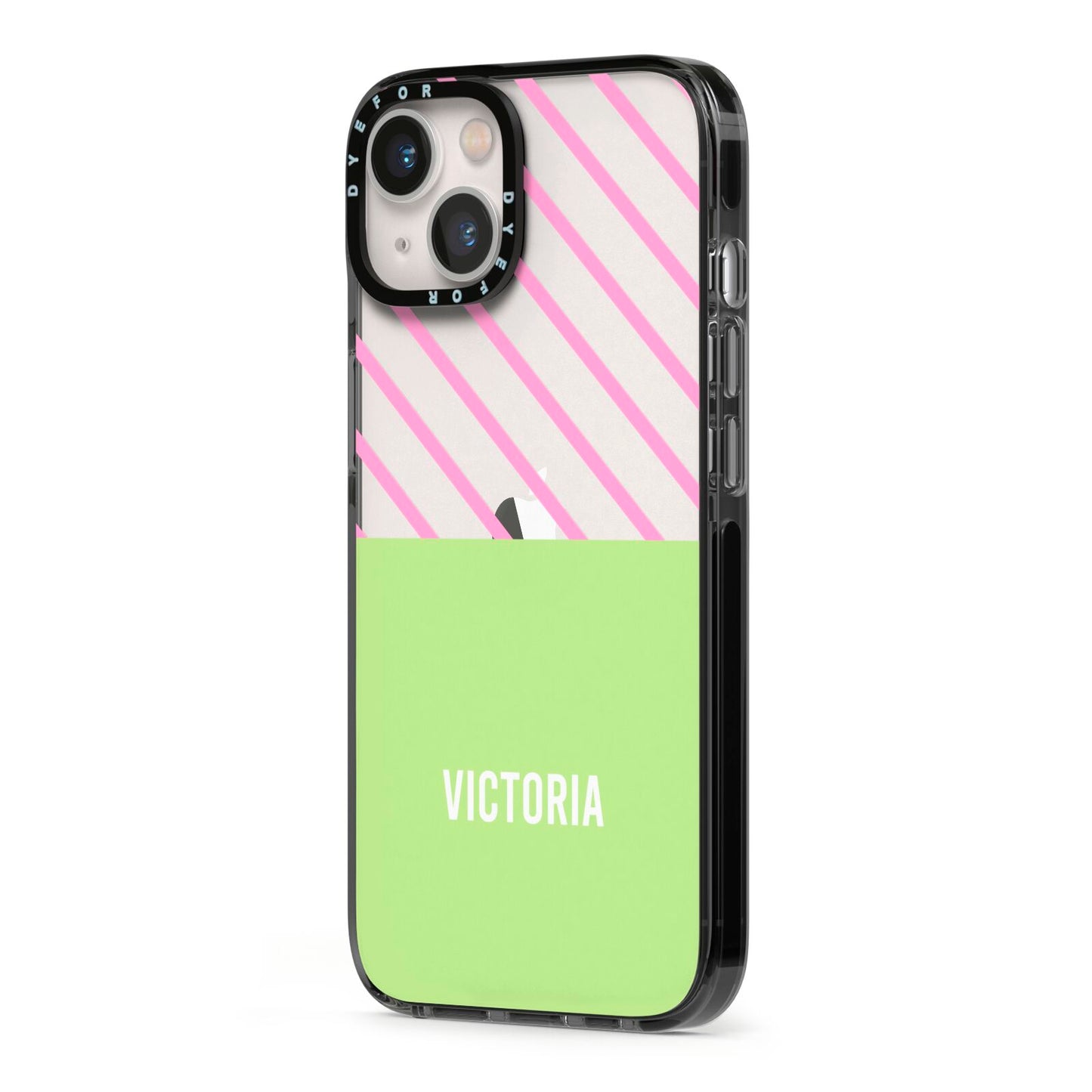 Personalised Pink Green Striped iPhone 13 Black Impact Case Side Angle on Silver phone