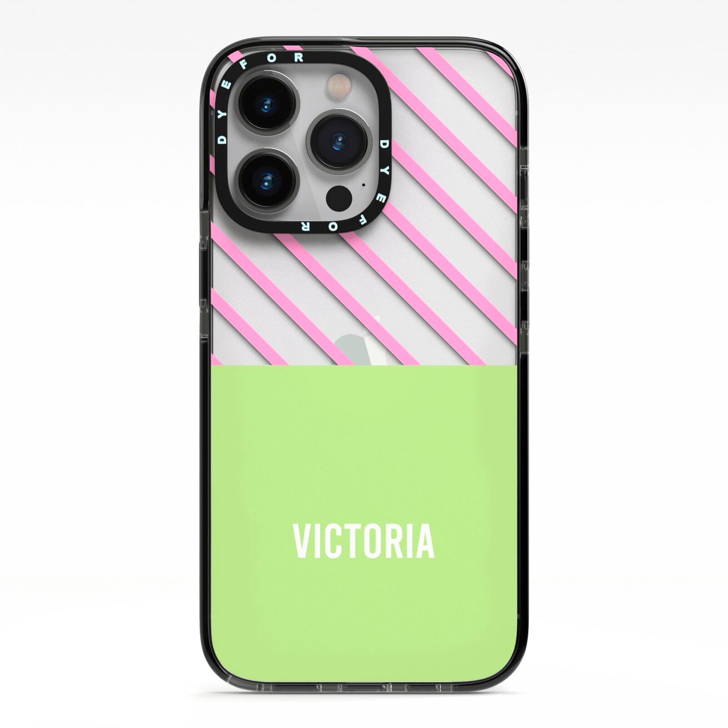 Personalised Pink Green Striped iPhone 13 Pro Black Impact Case on Silver phone