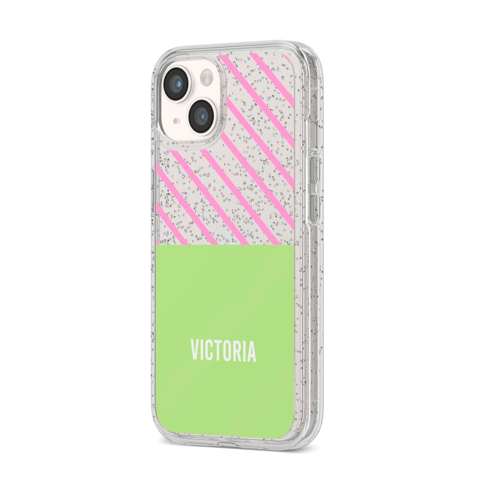 Personalised Pink Green Striped iPhone 14 Glitter Tough Case Starlight Angled Image