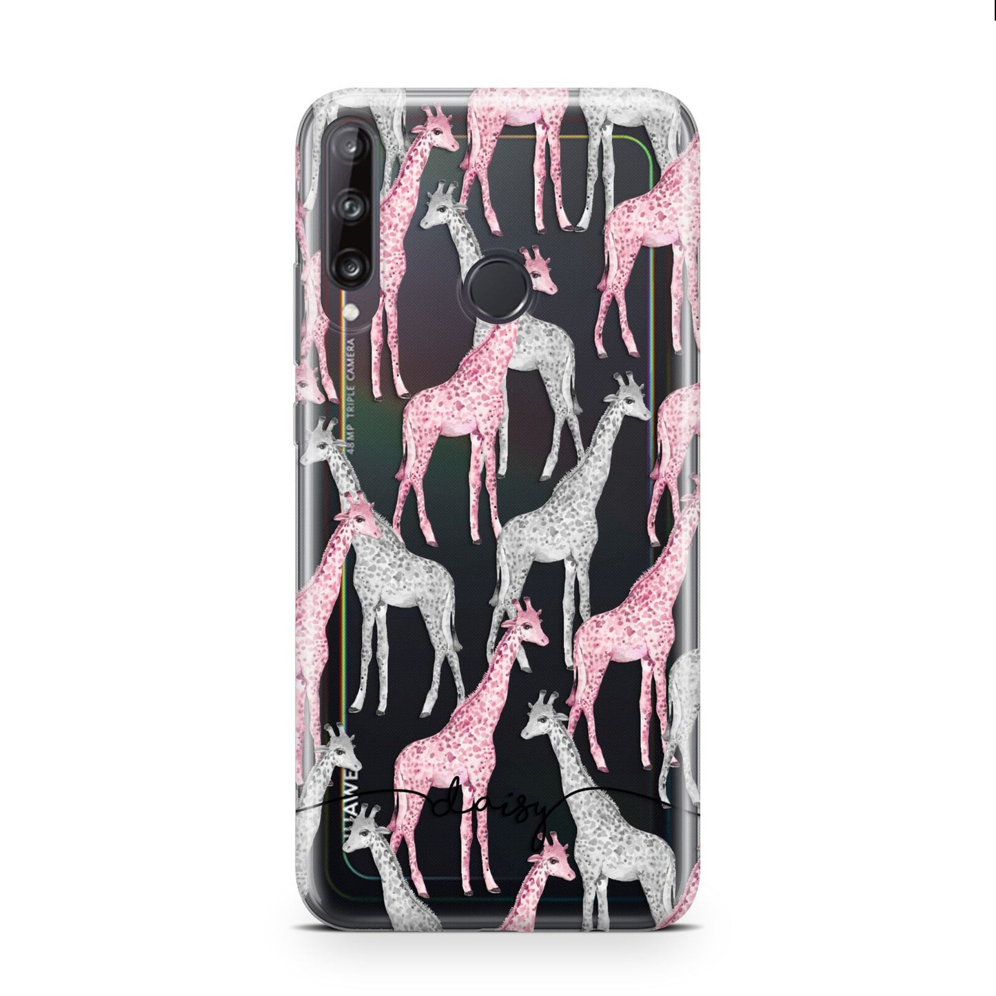 Personalised Pink Grey Giraffes Huawei P40 Lite E Phone Case