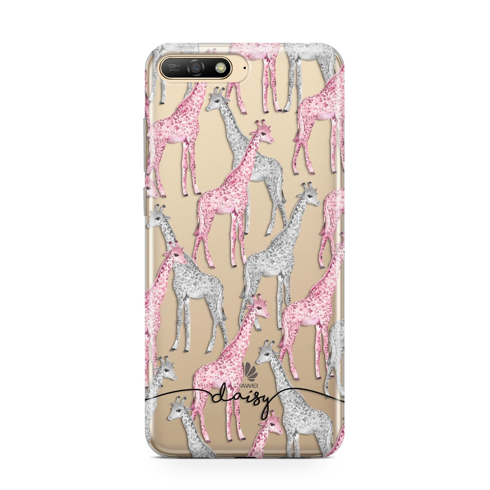 Personalised Pink Grey Giraffes Huawei Y6 2018