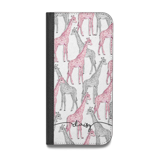 Personalised Pink Grey Giraffes Vegan Leather Flip iPhone Case