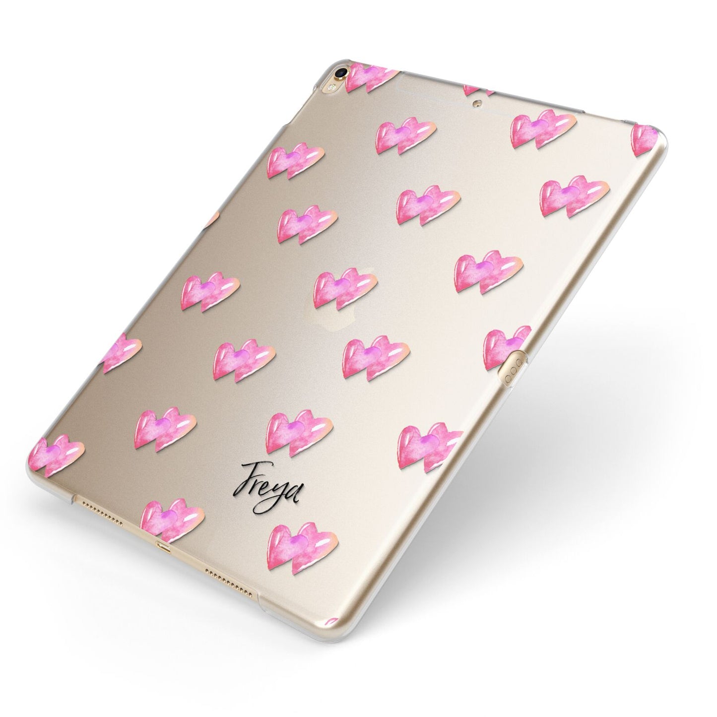 Personalised Pink Hearts Apple iPad Case on Gold iPad Side View