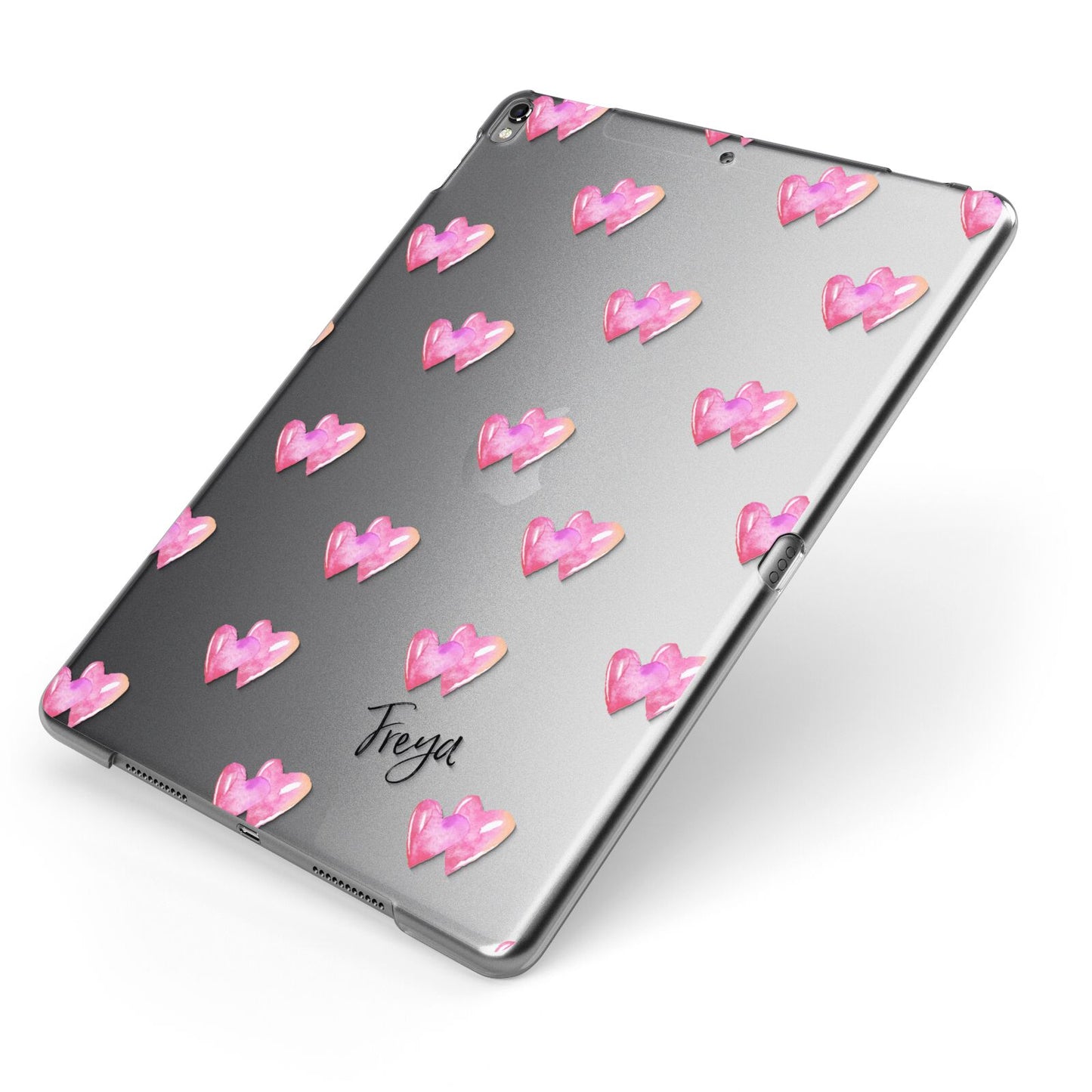 Personalised Pink Hearts Apple iPad Case on Grey iPad Side View