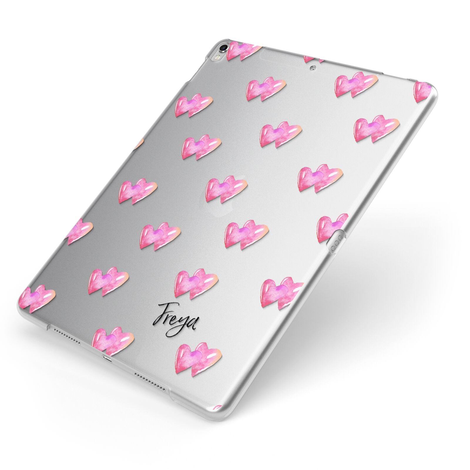 Personalised Pink Hearts Apple iPad Case on Silver iPad Side View