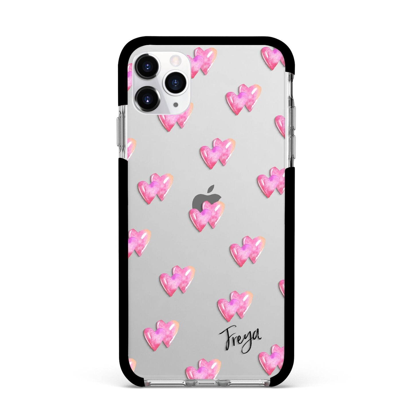 Personalised Pink Hearts Apple iPhone 11 Pro Max in Silver with Black Impact Case