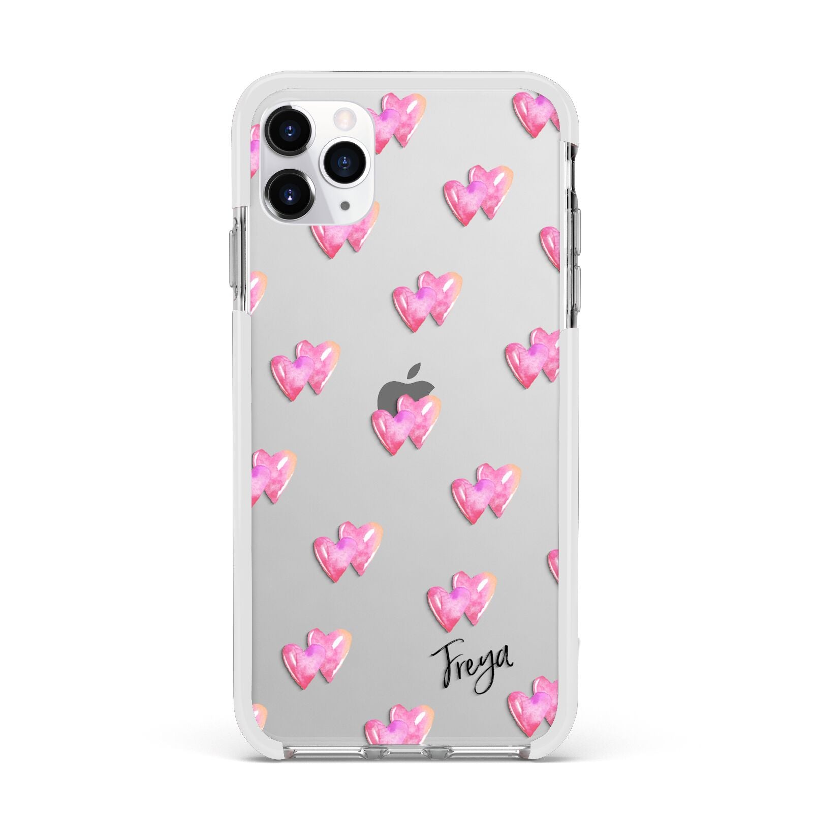 Personalised Pink Hearts Apple iPhone 11 Pro Max in Silver with White Impact Case