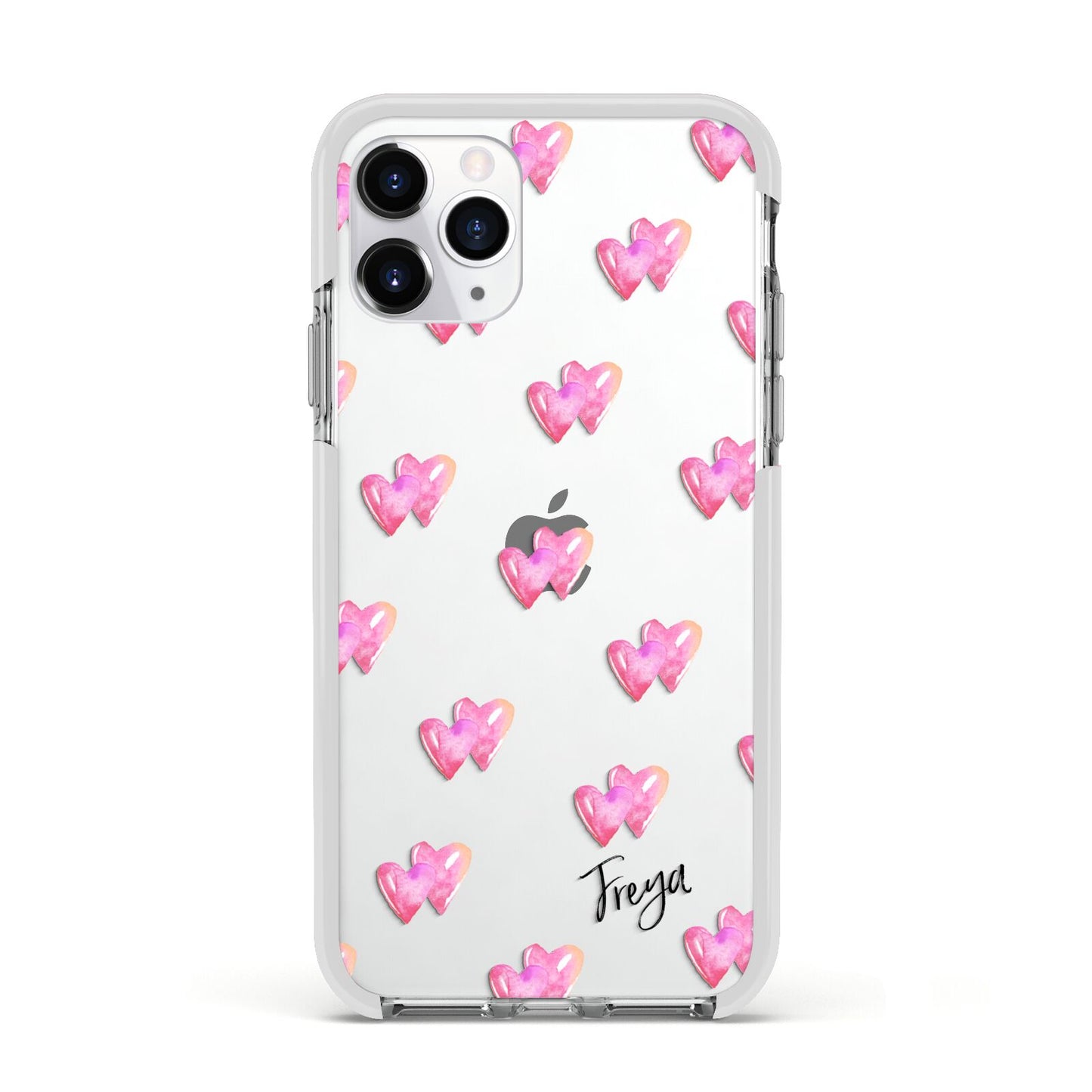 Personalised Pink Hearts Apple iPhone 11 Pro in Silver with White Impact Case