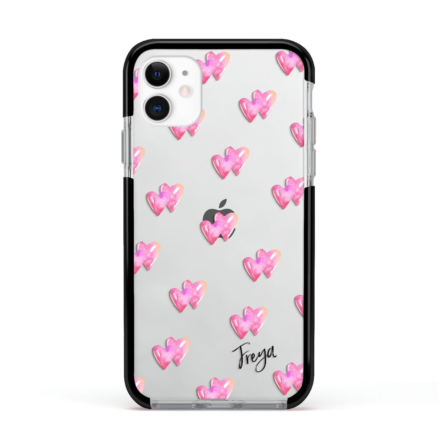 Personalised Pink Hearts Apple iPhone 11 in White with Black Impact Case