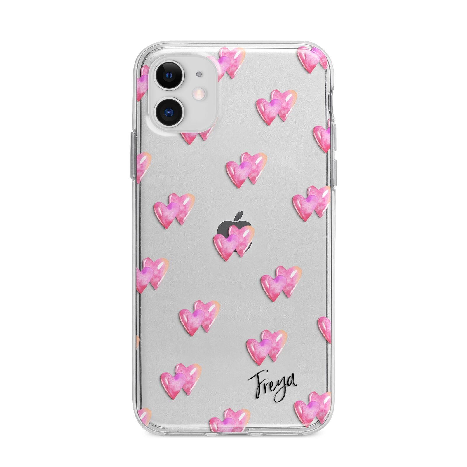 Personalised Pink Hearts Apple iPhone 11 in White with Bumper Case