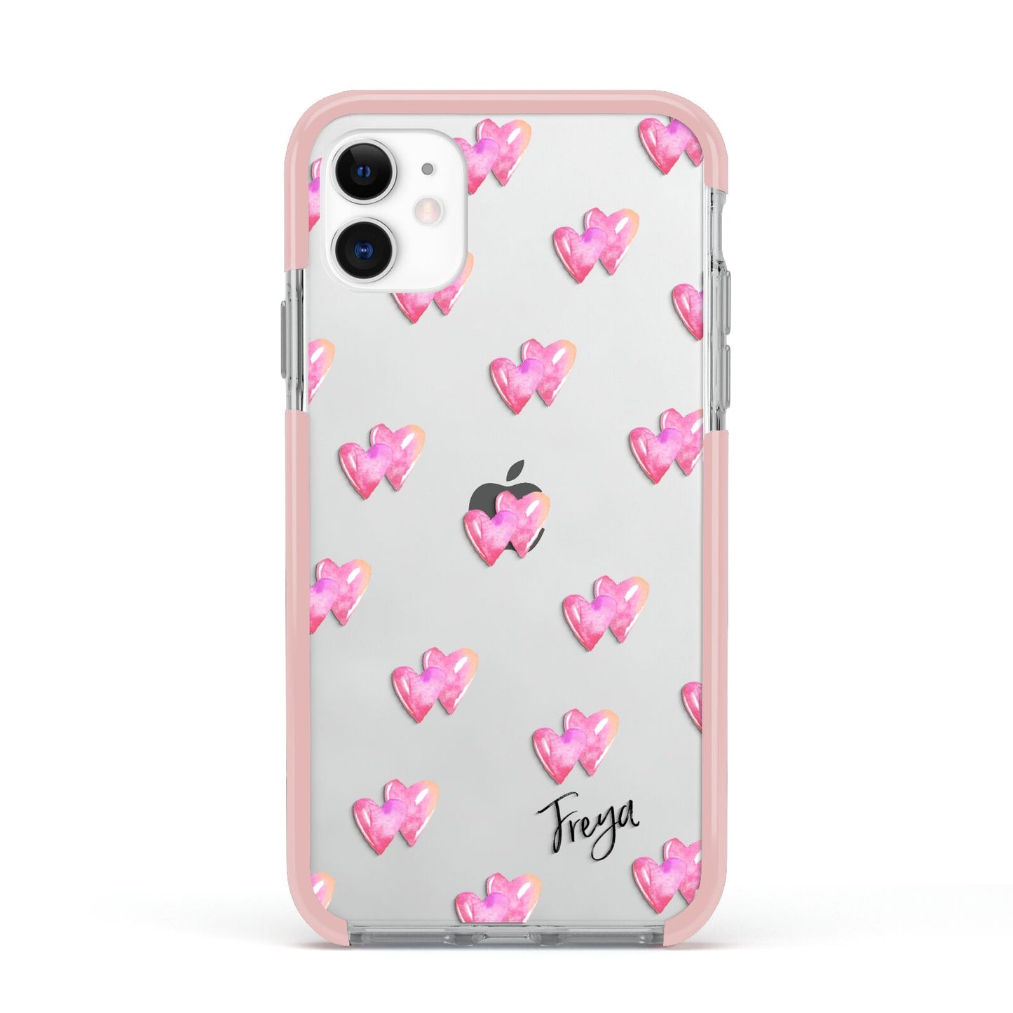 Personalised Pink Hearts Apple iPhone 11 in White with Pink Impact Case