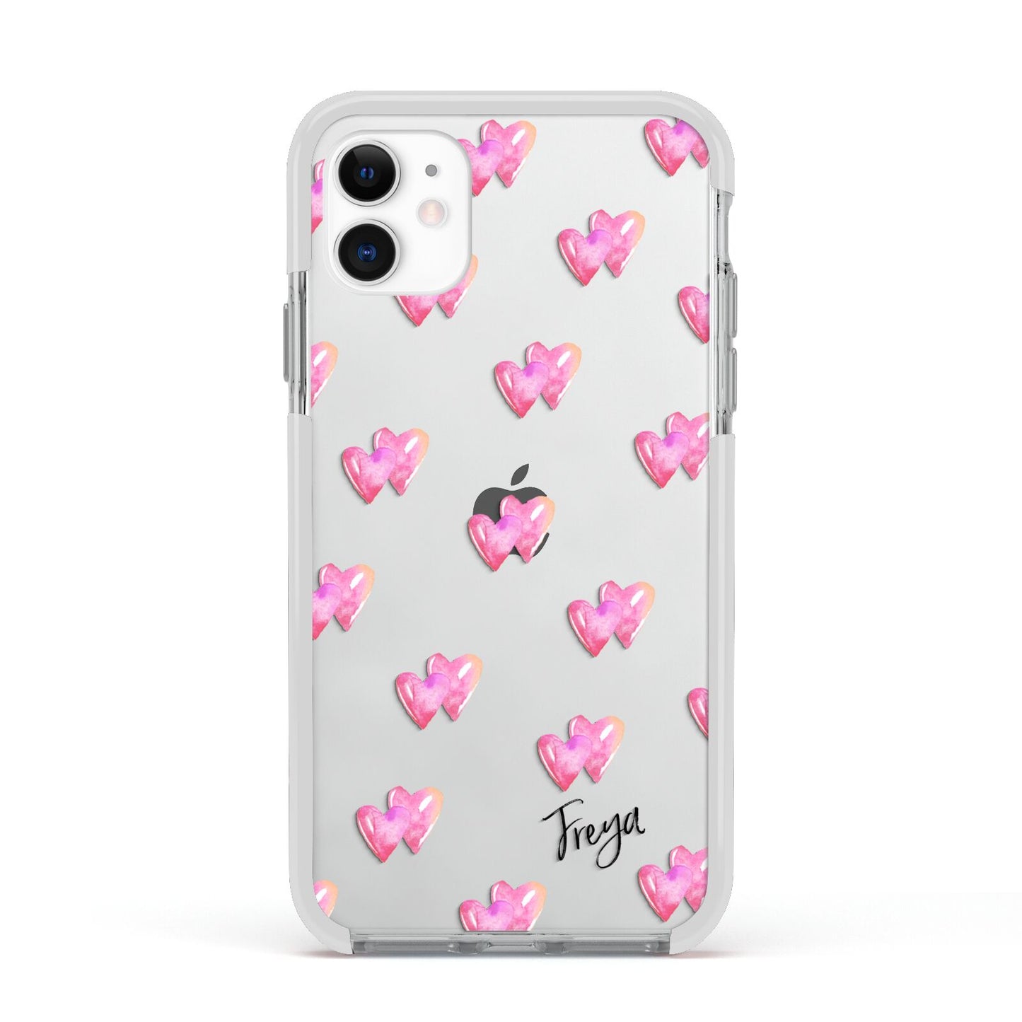 Personalised Pink Hearts Apple iPhone 11 in White with White Impact Case