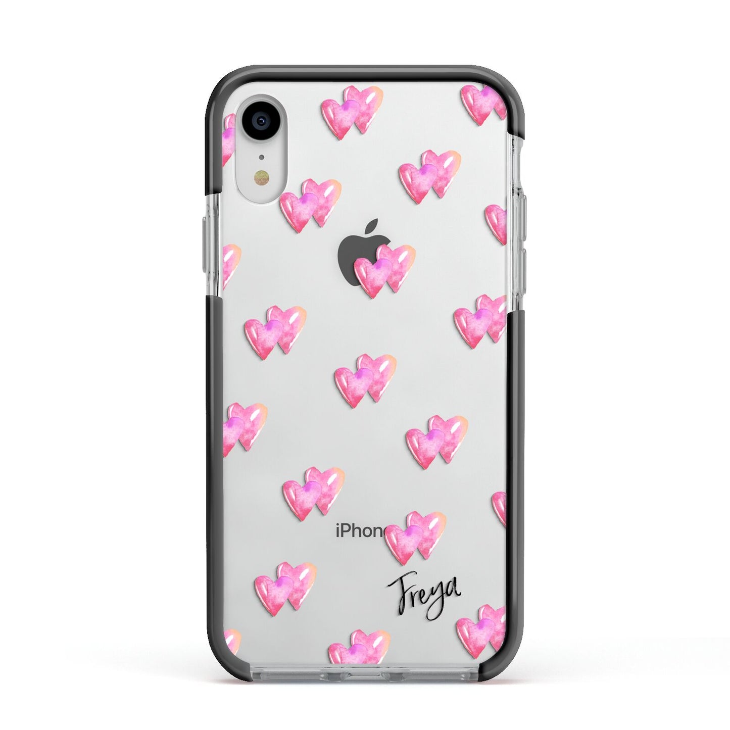 Personalised Pink Hearts Apple iPhone XR Impact Case Black Edge on Silver Phone