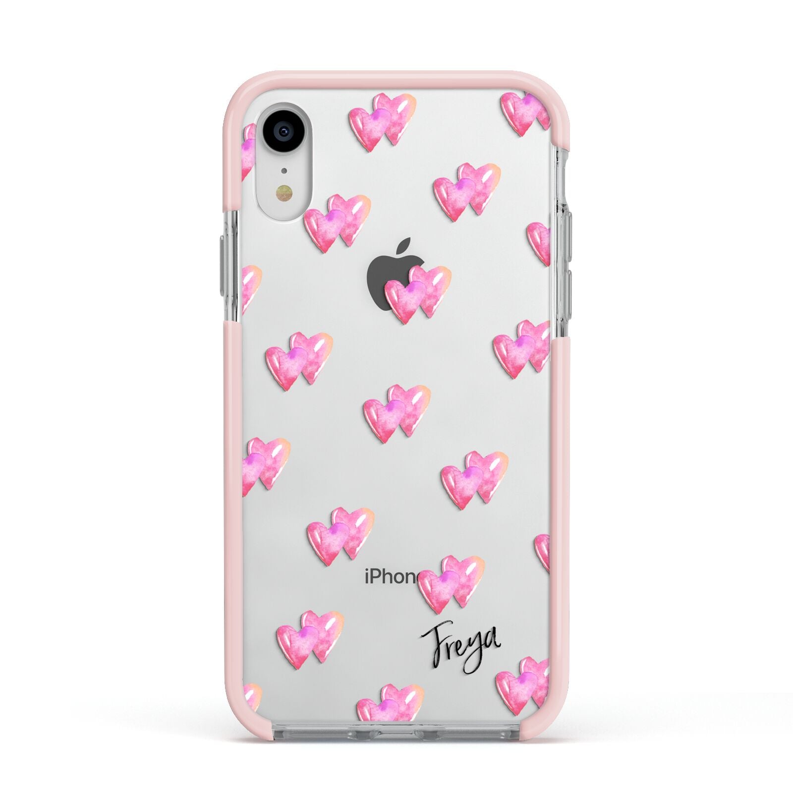 Personalised Pink Hearts Apple iPhone XR Impact Case Pink Edge on Silver Phone