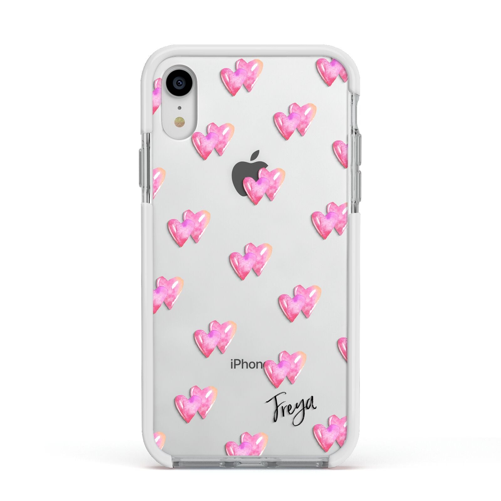 Personalised Pink Hearts Apple iPhone XR Impact Case White Edge on Silver Phone