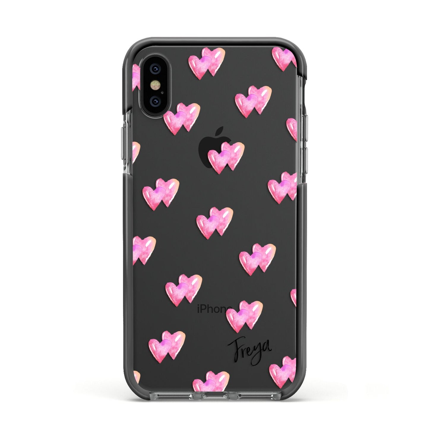 Personalised Pink Hearts Apple iPhone Xs Impact Case Black Edge on Black Phone