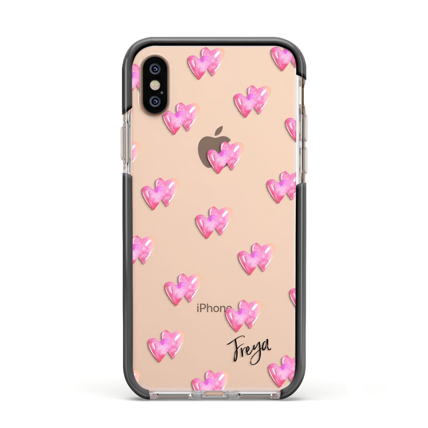 Personalised Pink Hearts Apple iPhone Xs Impact Case Black Edge on Gold Phone