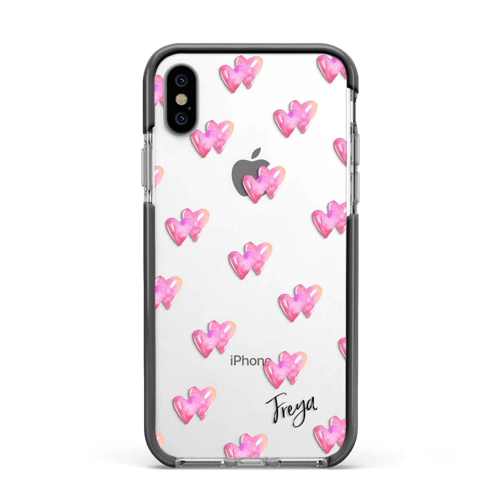 Personalised Pink Hearts Apple iPhone Xs Impact Case Black Edge on Silver Phone