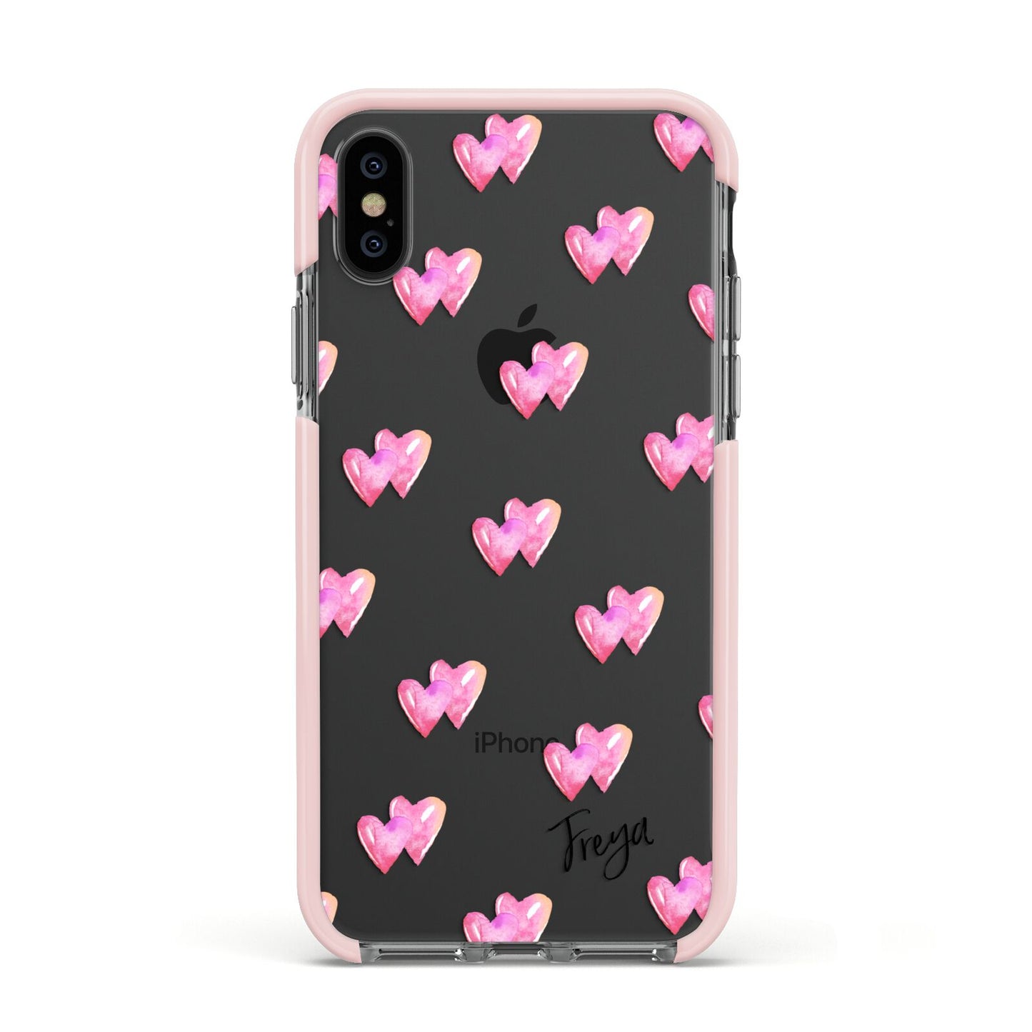 Personalised Pink Hearts Apple iPhone Xs Impact Case Pink Edge on Black Phone