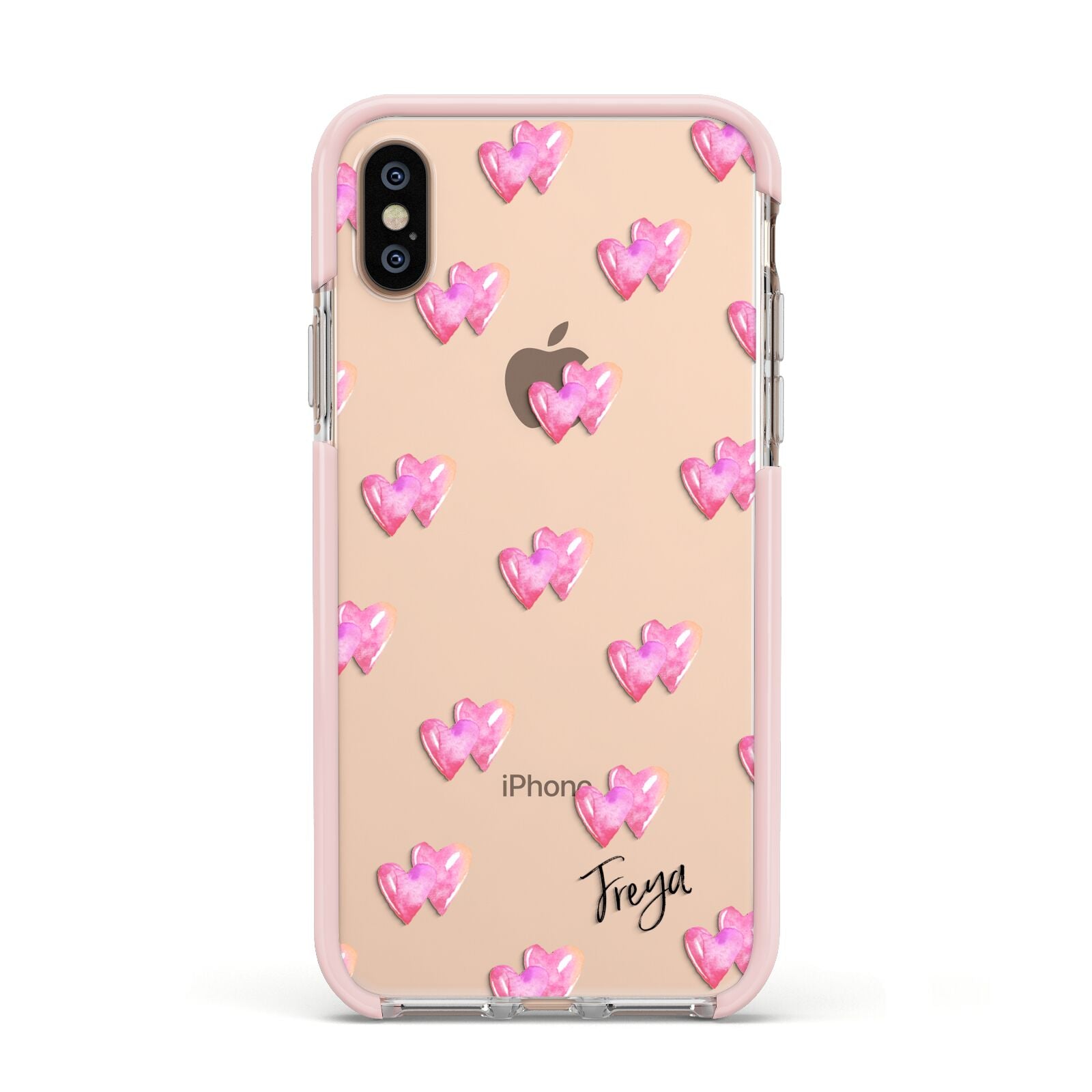 Personalised Pink Hearts Apple iPhone Xs Impact Case Pink Edge on Gold Phone