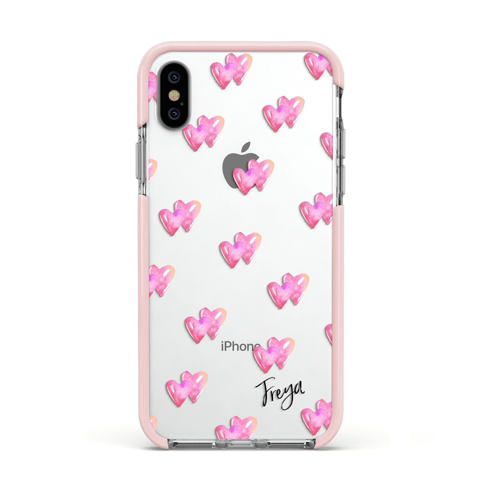 Personalised Pink Hearts Apple iPhone Xs Impact Case Pink Edge on Silver Phone