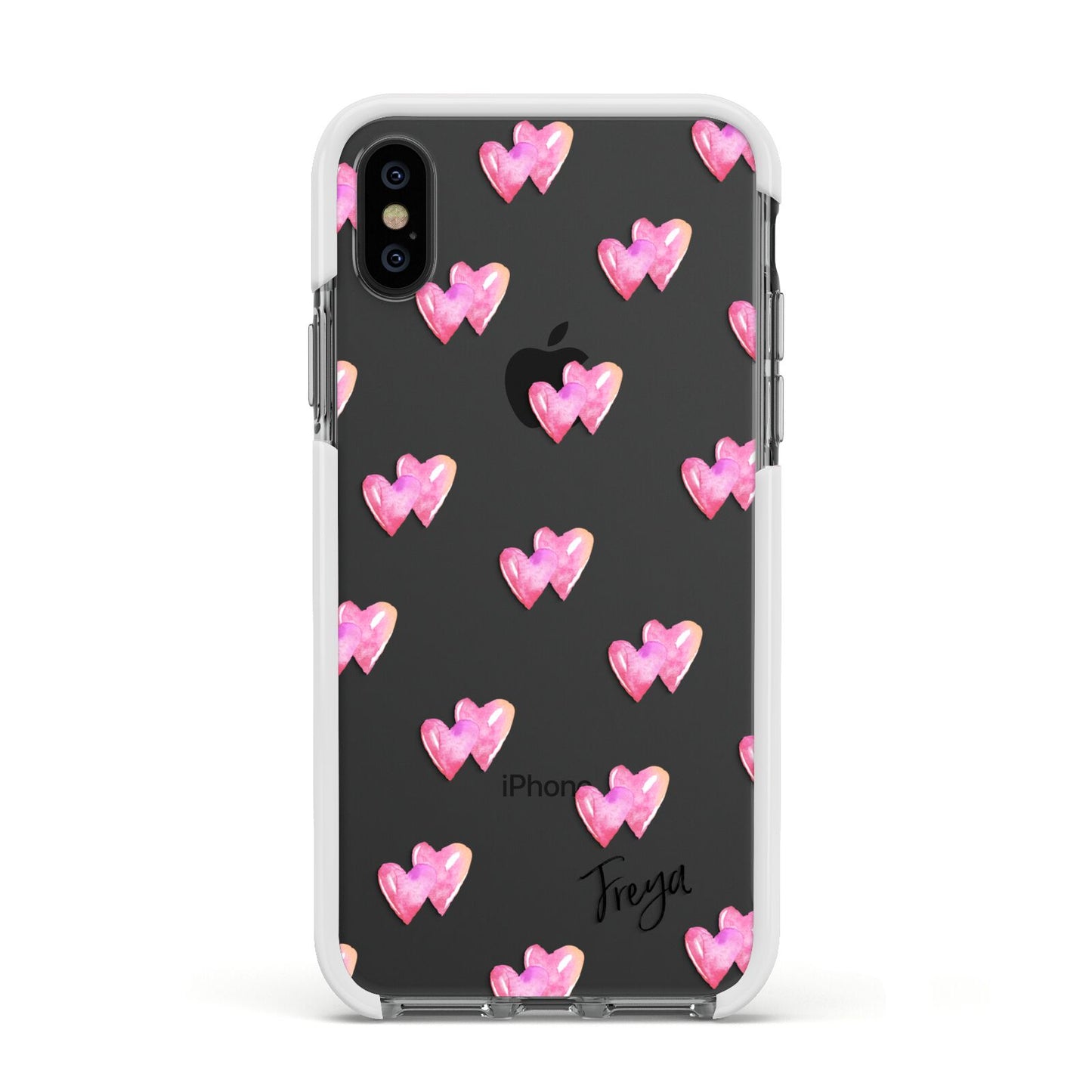 Personalised Pink Hearts Apple iPhone Xs Impact Case White Edge on Black Phone