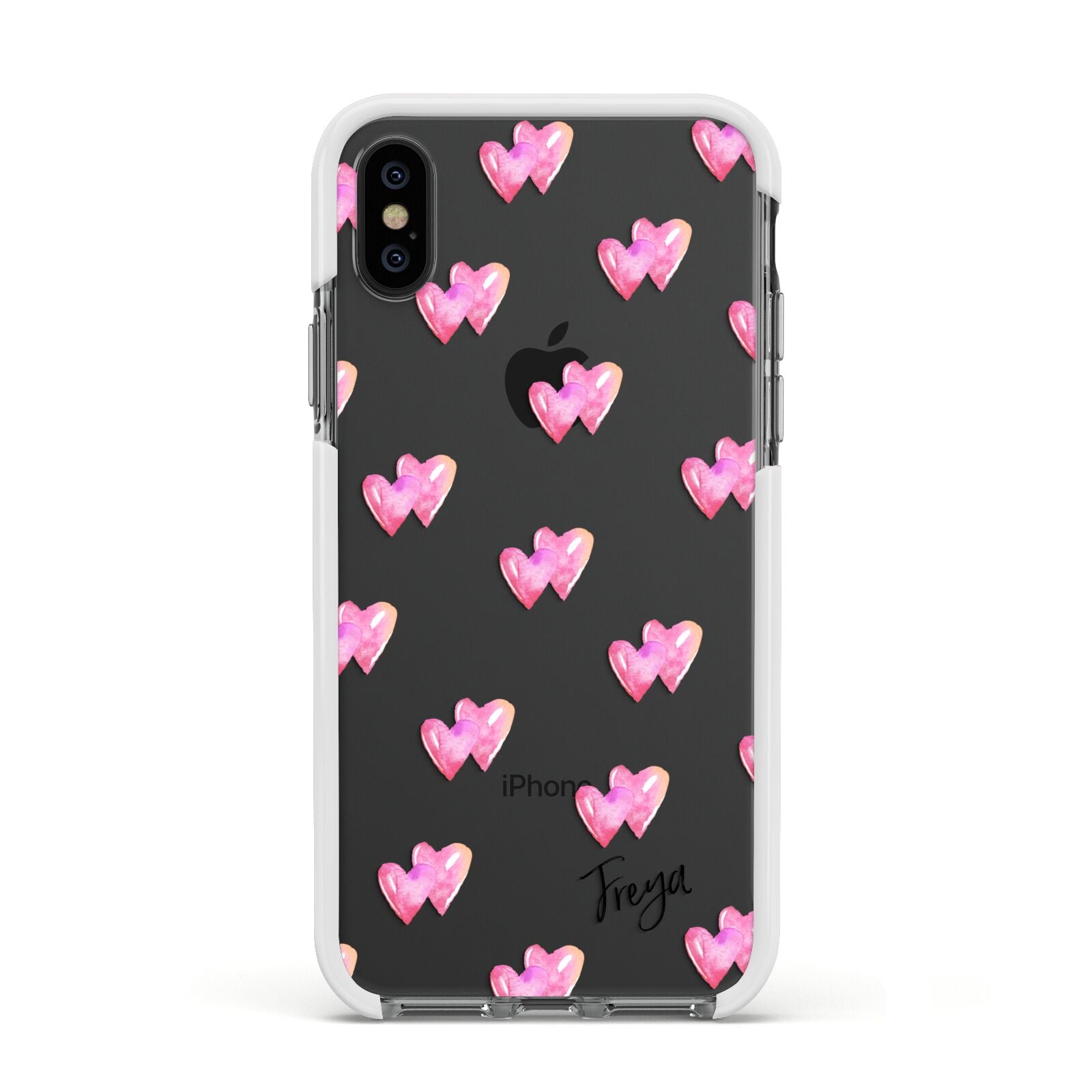 Personalised Pink Hearts Apple iPhone Xs Impact Case White Edge on Black Phone