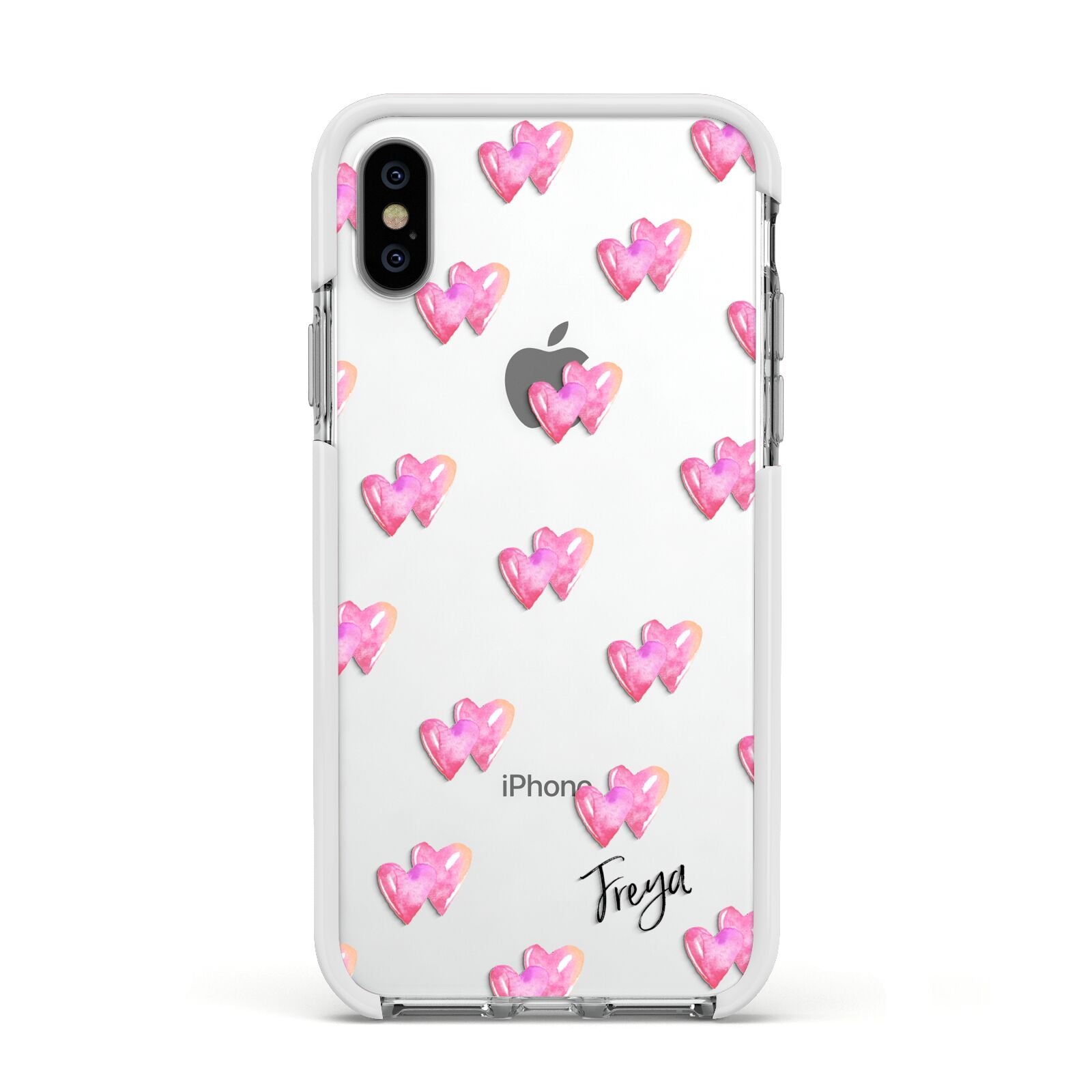 Personalised Pink Hearts Apple iPhone Xs Impact Case White Edge on Silver Phone