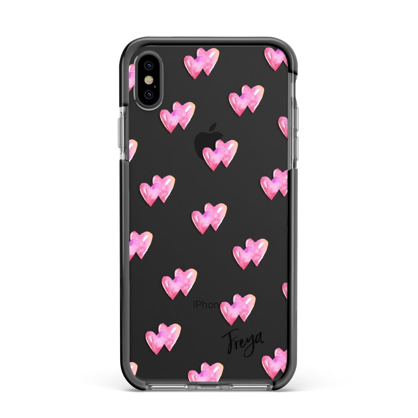 Personalised Pink Hearts Apple iPhone Xs Max Impact Case Black Edge on Black Phone