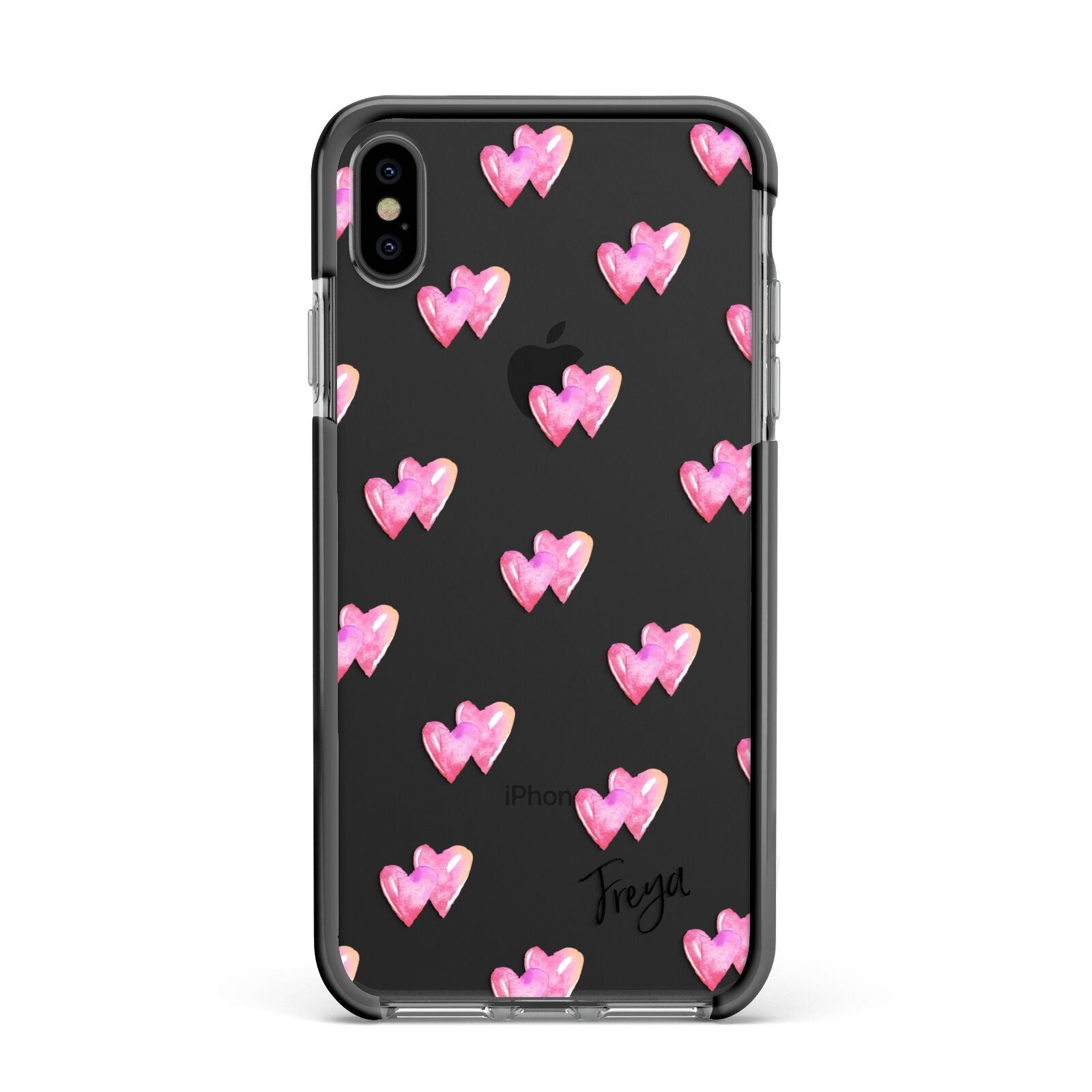 Personalised Pink Hearts Apple iPhone Xs Max Impact Case Black Edge on Black Phone