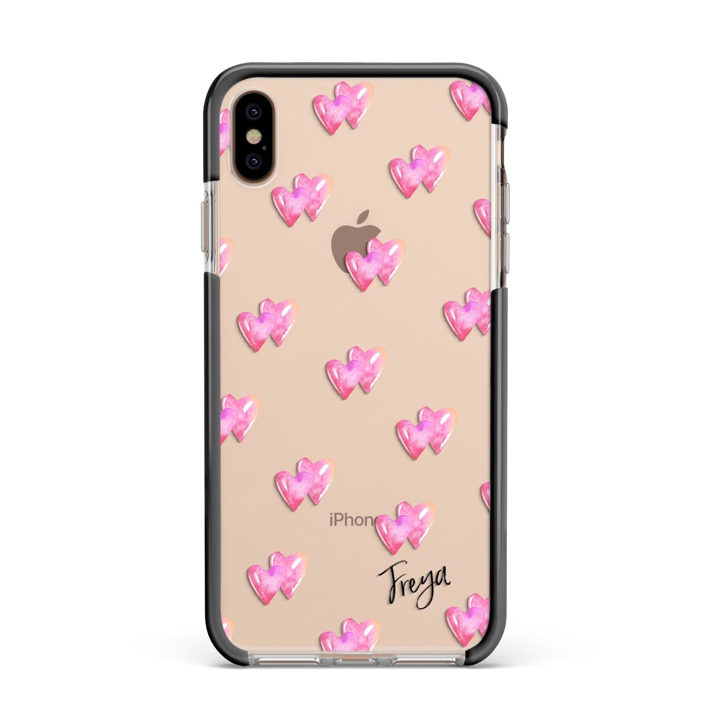 Personalised Pink Hearts Apple iPhone Xs Max Impact Case Black Edge on Gold Phone