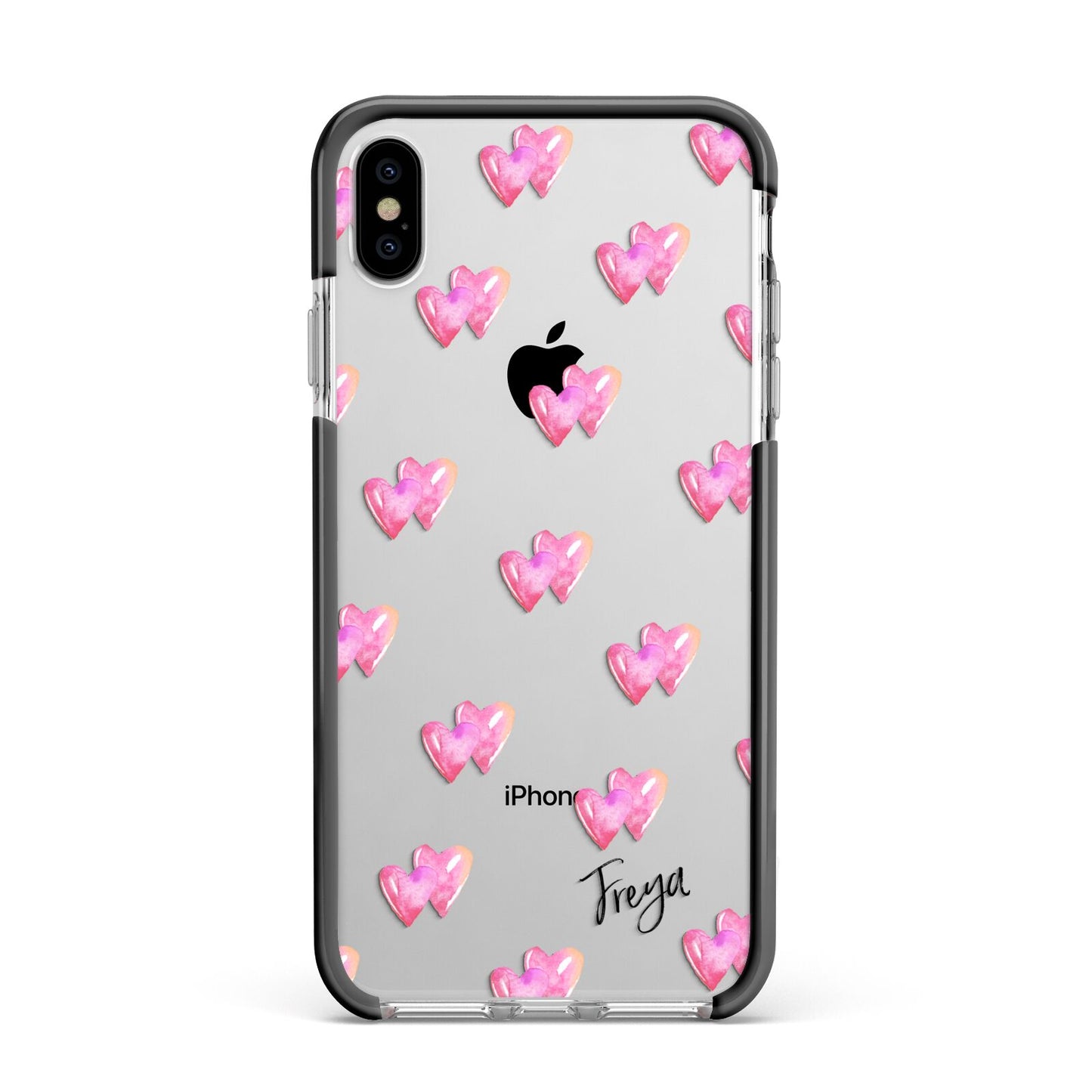 Personalised Pink Hearts Apple iPhone Xs Max Impact Case Black Edge on Silver Phone