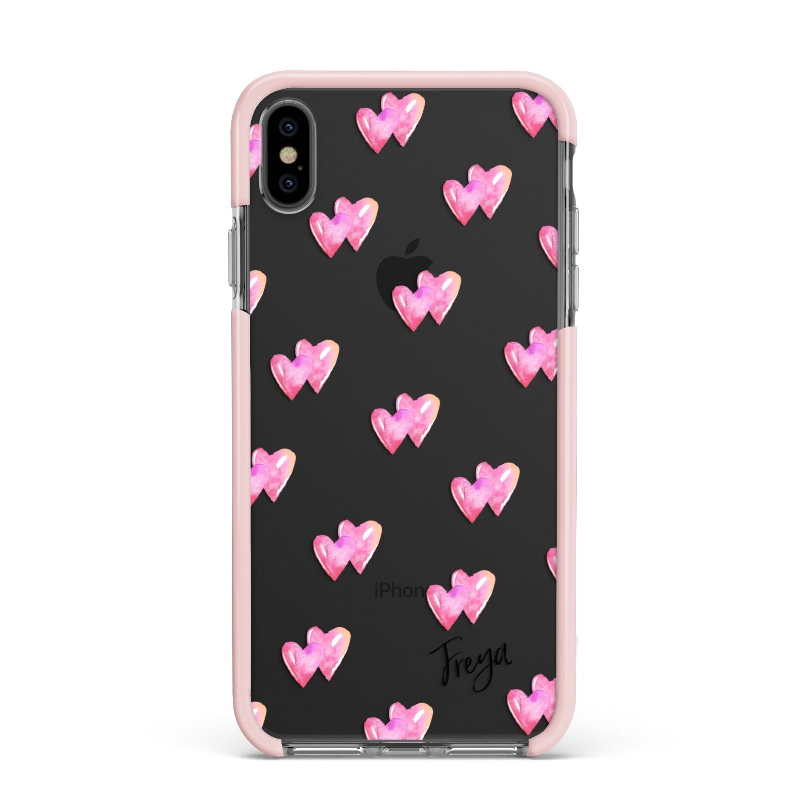 Personalised Pink Hearts Apple iPhone Xs Max Impact Case Pink Edge on Black Phone